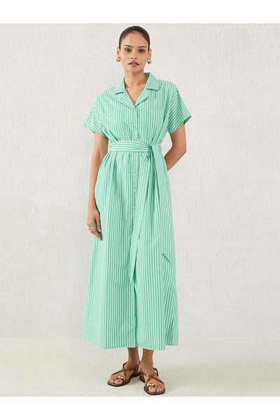 Femmella By Styli Green Striped Button Down Shirt Maxi Dress with Belt Detail