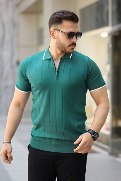 Lady Moss Men's Zipper Collar Line Textured Short Sleeve T-Shirt