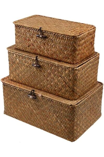 genric FFD Set of 3 Storage Basket with Lid Shelf Basket Seagrass Storage Basket Natural Rattan Woven