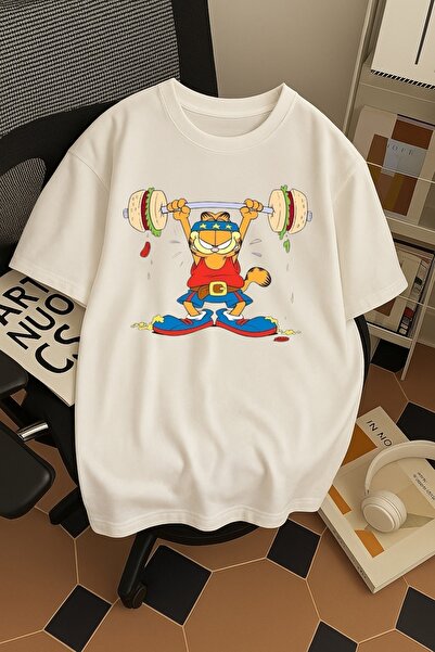 SOHR Unisex Erkek/Kadın Garfield Fitness Renkli Baskılı Oversize Pamuklu T-Shirt