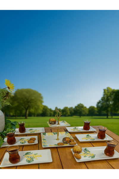 Piatti Naturali 7 Piece Ceramic Tea and Treat Plate Set Mimosa Pattern Handmade – Double Layer Presentation Bowl