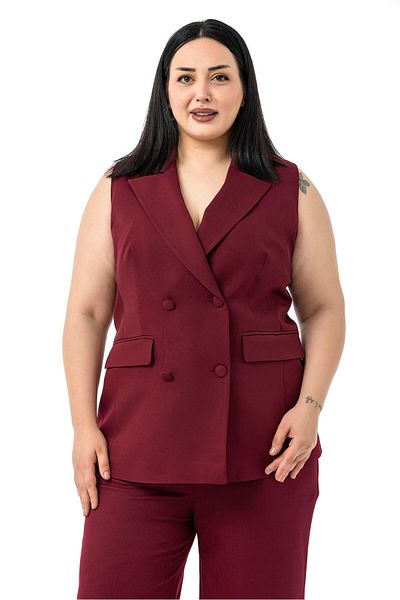DISENTIS MODEST Plus Size Plated Buttoned Vest Trousers Burgundy Double Suit