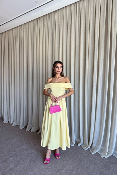 MAT Collection Kadın Sarı Madonna Yaka Fermuarlı Uzun Elbise