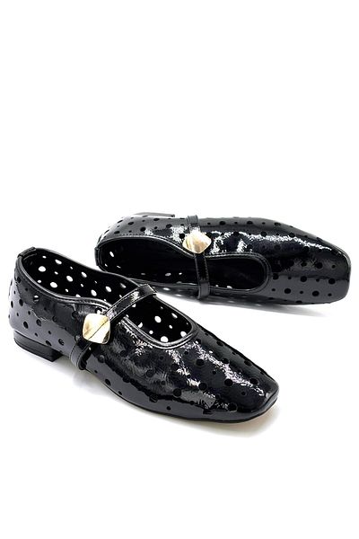 KİNDEP Kindep Tune Hole Patterned Scarf Women's Blunt Toe Ballerina Ballerina Black