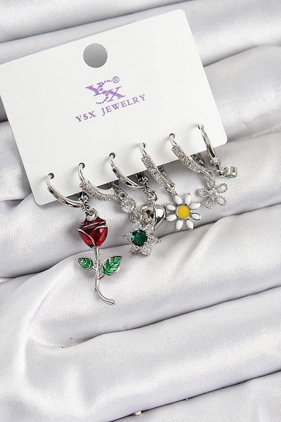 Celira Brass Zircon Stone Rose and Daisy Model Silver Color 3-Piece Double Women's Earrings