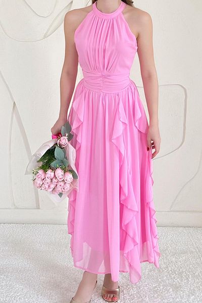 Elbee Fashion Woman Halter Collar Lined Dress