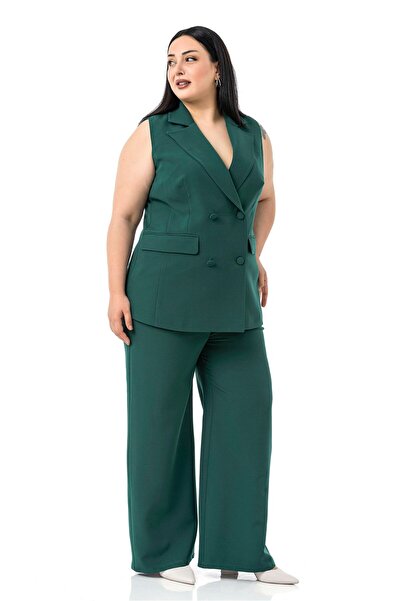 DISENTIS MODEST Plus Size Plated Buttoned Vest Pants Emerald Green Double Suit