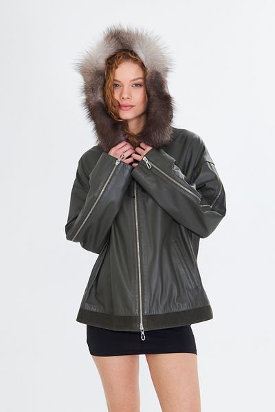 By Marki Marki Women's Khaki Genuine Leather Coat – Hooded, Special Fur, Zipper Sleeve Detail, 63 cm