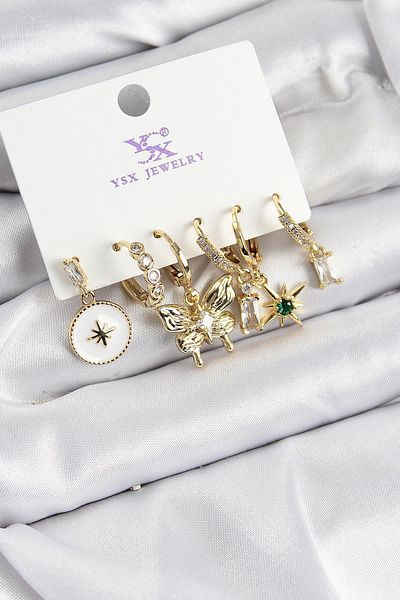 Celira Brass Zircon Stone Butterfly and Star Model Gold Color 3-Piece Double Women's Earrings