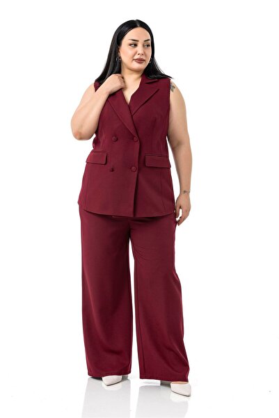 DISENTIS MODEST Plus Size Plated Buttoned Vest Trousers Burgundy Double Suit