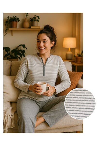 Nena طقم بيجامة نسائي أنيق ومريح مصنوع من القطن بنسبة 100% - جزء علوي مخطط با...