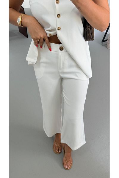 Sezgi Tekin Bone Button Detail White Flare Trousers