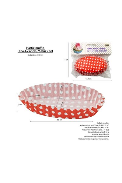 gogiva Muffin paper set, Oval, Red with white polka dots, 8.5x4.7x2 cm, 75 pcs
