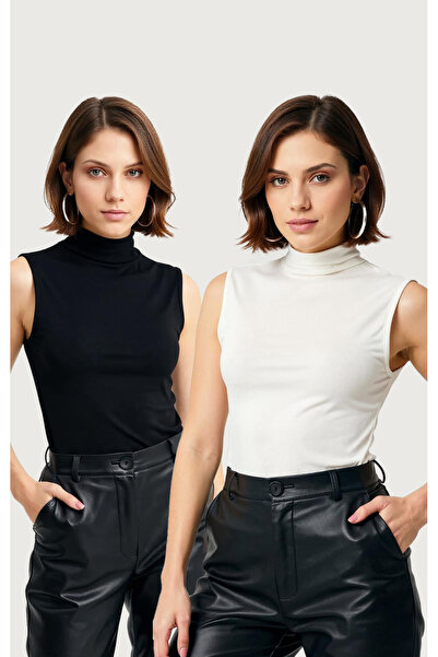 uyguntarz Γυναικείο ασπρόμαυρο σώμα 2 τεμαχίων αμάνικο μισό λαιμό