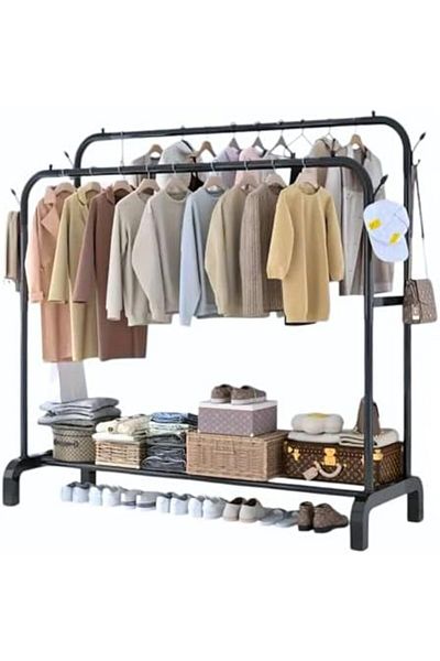 Türkiye Double-Rail Clothes Rack with 2 Hooks & Lower Storage Shelf, Adjustable Garment Rack