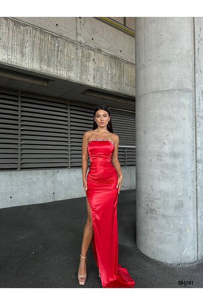 mafdress Women's Red Satin Fabric Stone and Slit Detail Evening Dress