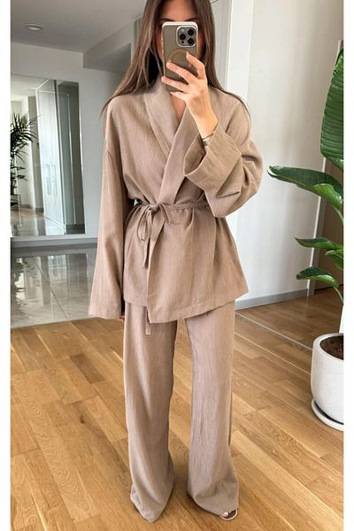 My Blog Mink Shawl Collar Kimono Pants Set - 98655