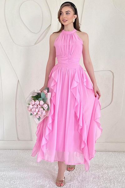 Elbee Fashion Woman Halter Collar Lined Dress