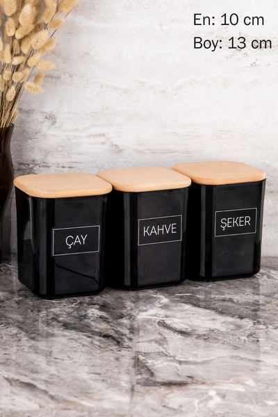 Dolkin Home Set of 3 900ml Black Acrylic Tea Sugar Coffee Label Storage Container Storage Box with Wooden Vacuum Lid