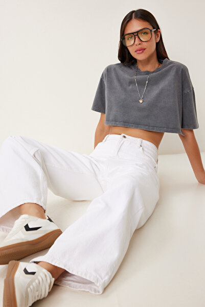 Lovelyİstanbul Πλεκτό μπλουζάκι από βαμβακερό εφέ LBF0019 ANTHRACITE