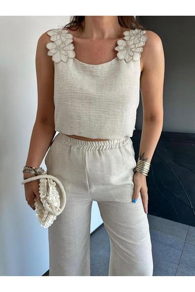 EGZOTİK ASORTİK Floral Detailed Strap Blouse Pants Set