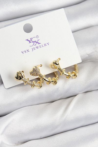 Celira Brass Zircon Stone Heart Model Gold Color 3-Piece Women's Earrings