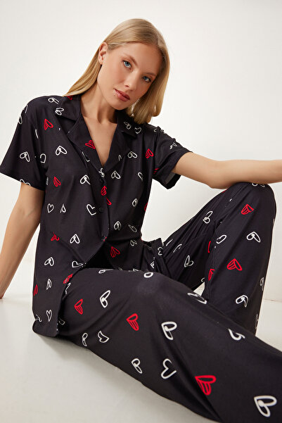 Lovelyİstanbul Patterned Flexible Soft Textured Pajama Set Lfp0004 Black