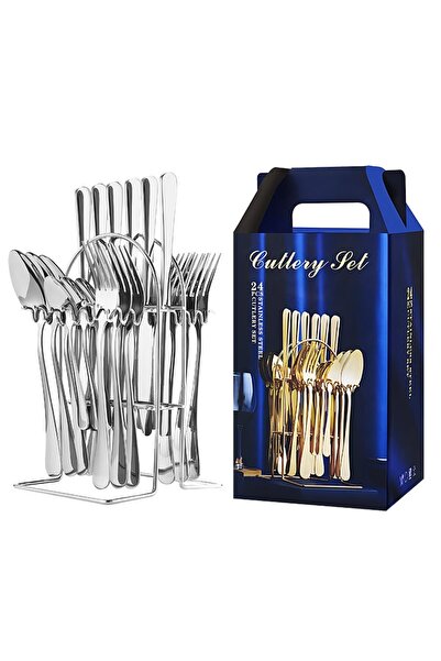 OEM Set complet de tacâmuri din oțel inoxidabil, 24 de piese, cu suport pentru tacâmuri, argintiu