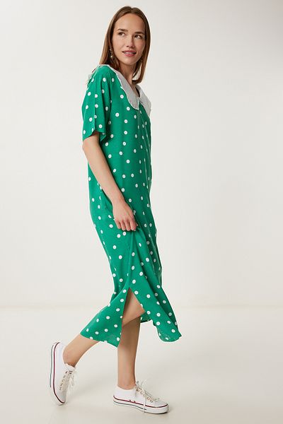 Lovelyİstanbul Polka Dot Summer Woven Dress Lfk0020 Dark Green