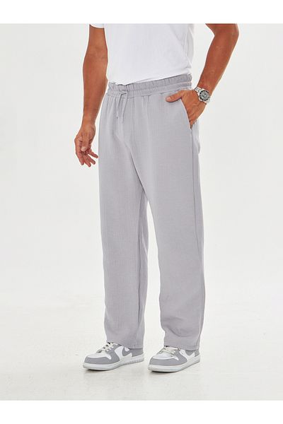 masso moda Men's Baggy Muslin Linen Waist Lace-Up Elastic Straight Leg Trousers