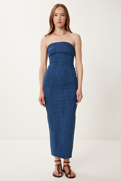 Lovelyİstanbul Strapless Midi Denim Dress Lyz0002 Dark Blue
