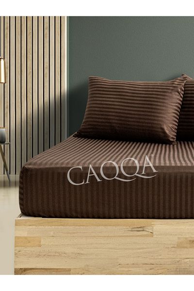CAQQA Brown Cotton Striped Satin Fitted Sheet Set + Pillowcase