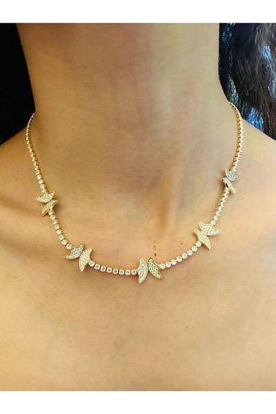 Gönülden Tasarım Steel Zircon Stone Engraved Butterfly Women's Necklace 25 cm