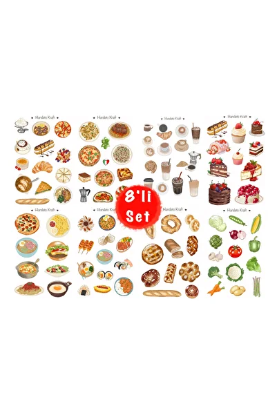 Handeto Kraft Set of 8 World Food Stickers, Stickers, Scrapbook, Bullet Journal Stickers, Agenda Stickers, Stickers