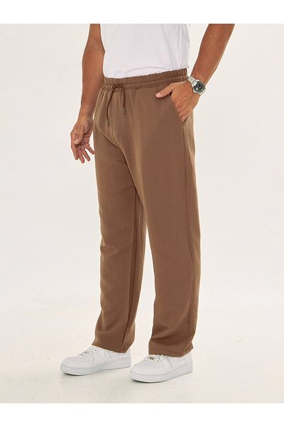 masso moda Men's Baggy Muslin Linen Waist Lace-Up Elastic Straight Leg Trousers