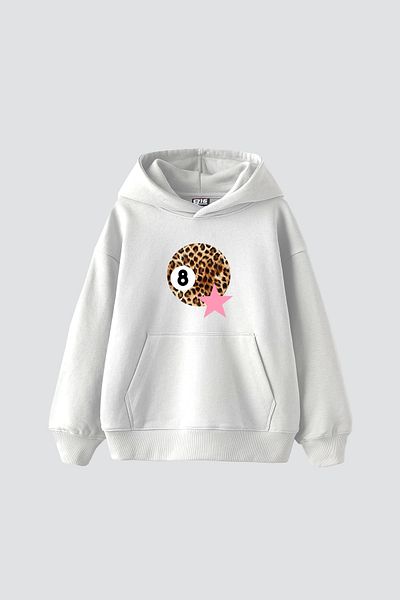 Bak Moda Leopard Billiard Ball Printed Oversize Women's White Hoodie