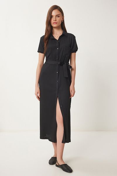 Lovelyİstanbul Summer Crinkle Knitted Shirt Dress Lub0135 Black