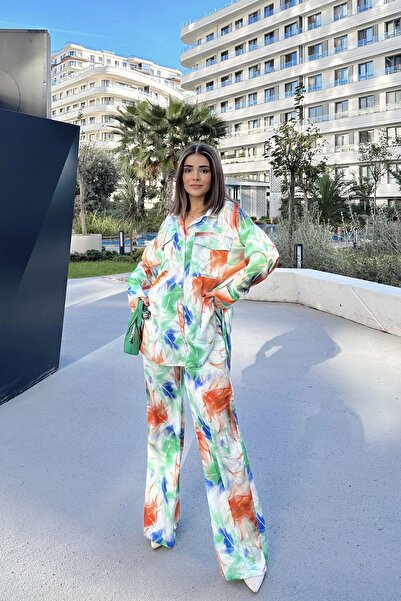 NEW LAVİVA Women's Satin Shirt-Elastic Waist Pants Set