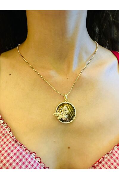 Gönülden Tasarım Steel Zircon Stone Engraved Bee Honey Honeycomb Women's Necklace 30 cm