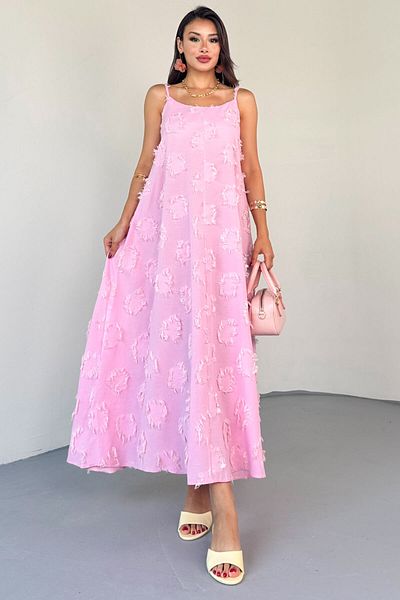 Cappmoda ELB-4148 Καλοκαιρινό υφαντό φόρεμα με ροζ φούντα με λουράκι