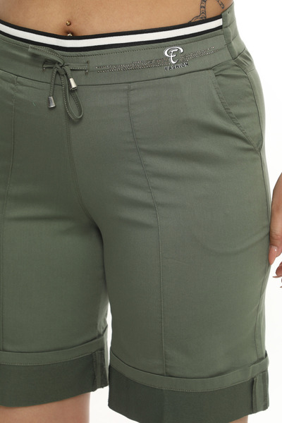 EXİTLİNE Kadın Yazlık Haki Taşlı Lastikli Bermuda Şort Kapri