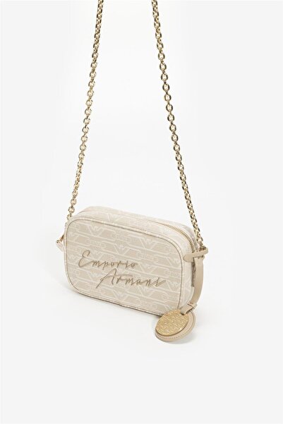 Emporio Armani Kadın Tüm Yüzeyi Monogram Logo Kaplı Jakarlı Ayarlanabilir Zincir Omuz Askılı Kanvas Bej Omuz Çantas