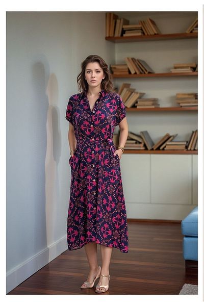 Tubik Women's Shirt Collar Button Closure Belted Pocket Viscose Dress