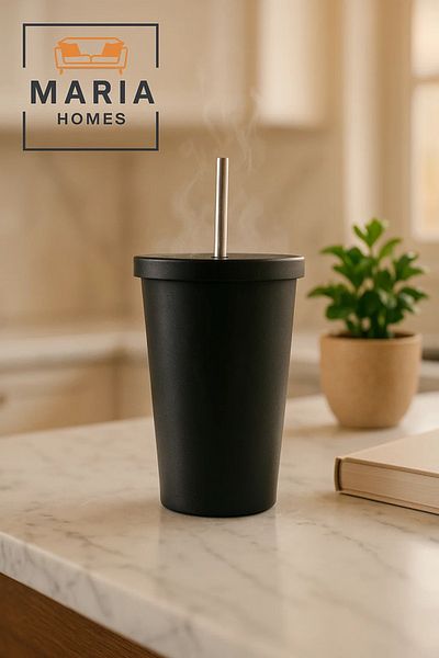 MARIA HOMES Matte Black Stainless Steel Tumbler with Lid and Straw