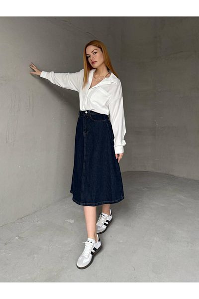 Cappmoda ETK-02331 Fusta din denim de lungime mijlocie cu centură cu detaliu de buzunar albastru închis