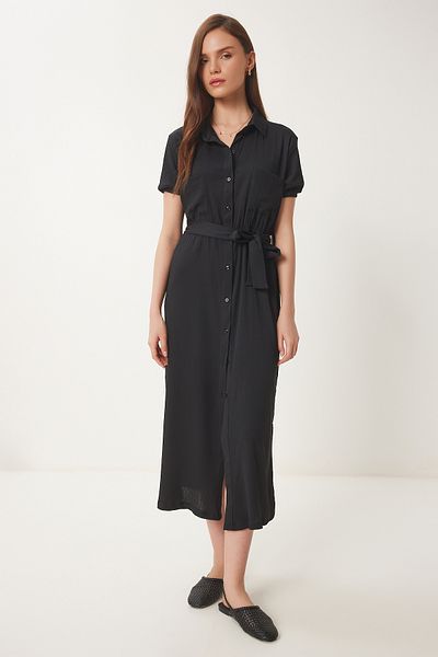 Lovelyİstanbul Summer Crinkle Knitted Shirt Dress Lub0135 Black