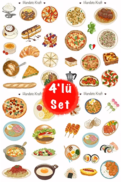Handeto Kraft Set of 4 World Food Stickers, Stickers, Scrapbook, Bullet Journal Stickers, Agenda Stickers, Stickers