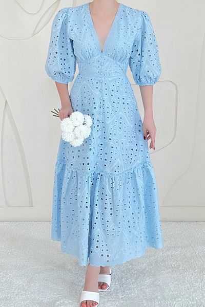 Elbee Fashion Woman Balloon Sleeve Detailed Low-Cut Brode Dress