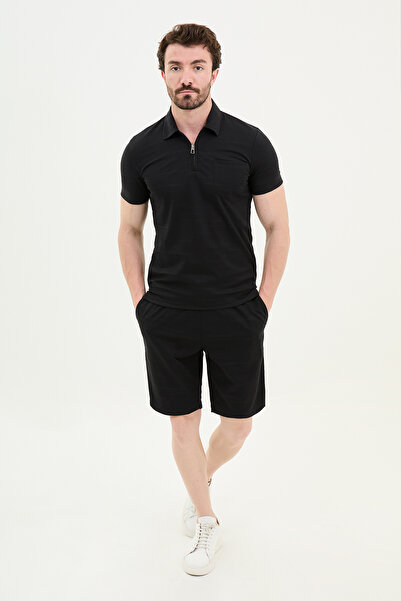Mcr Patterned Slim Fit Short Sleeve Zipper Polo Neck Shorts T-Shirt Men's Set Black - 17155.24Y