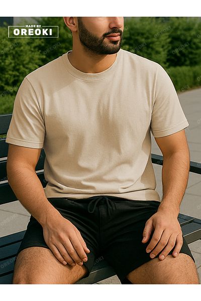 EFFRENATU Men's Beige T-Shirt & Basic Shorts Set - Cotton, Relaxed Fit